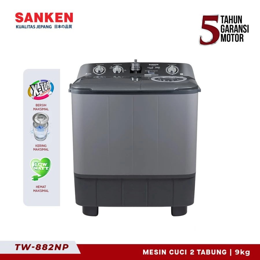 Sanken Mesin Cuci 2 Tabung TW-882NP 9Kg Hitam